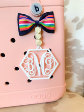 Load image into Gallery viewer, Hexagon Framed Monogram OR Name Bag Tag + Beads + Bow
