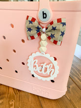 Load image into Gallery viewer, Scallop Frame Monogram OR Name + Bow &amp; Beads Bag Tag
