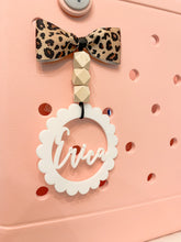 Load image into Gallery viewer, Scallop Frame Monogram OR Name + Bow &amp; Beads Bag Tag
