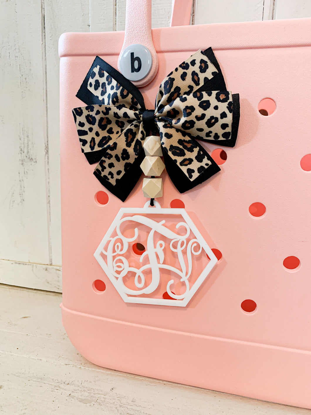Hexagon Framed Monogram OR Name Bag Tag + Beads + Bow