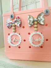 Load image into Gallery viewer, Scallop Frame Monogram OR Name + Bow &amp; Beads Bag Tag
